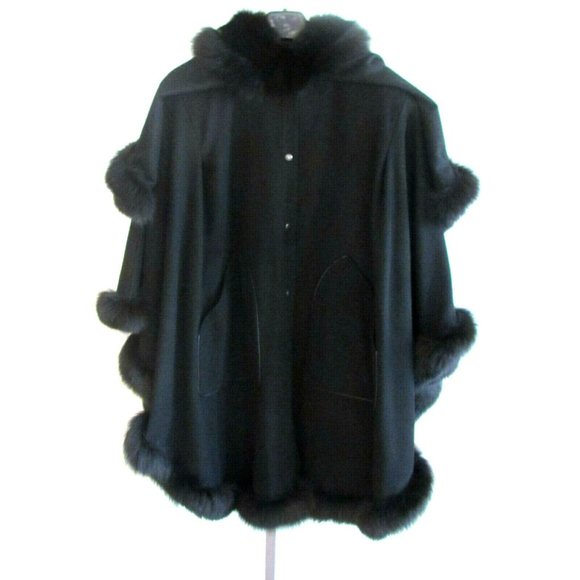 Designer Bloomingdales Black Wool & Fox Fur Trim Snap Front Cape Coat M/L - Picture 14 of 14